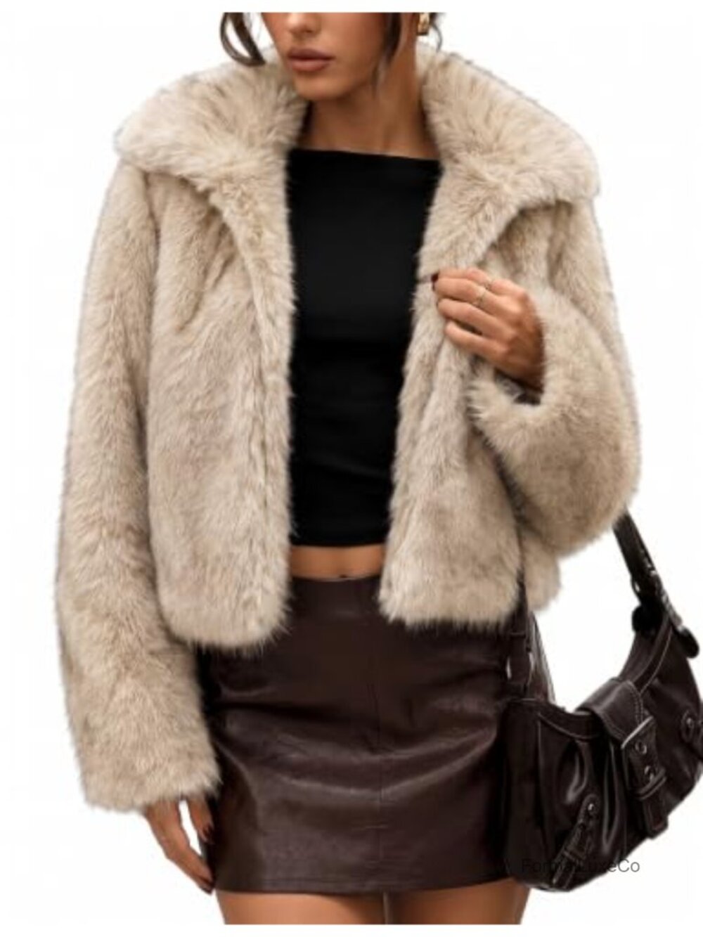 Faux Fur Coat Cropped Fluffy Jacket Two-Tone Lapel Collar